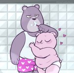 anthro belly blush brush brushing brushing_teeth clothing duo heart_symbol hug male male/male navel overweight overweight_male shirt size_difference topwear underwear holycuddlyheart unicorn_wars gordi_(unicorn_wars) sargento_caricias bear mammal 2024 hi_res