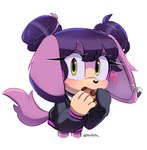 animal_ear_piercing animal_ears anthro black_clothing black_jacket black_topwear candy chocolate chocolate_chip_cookie chocolate_chips clothing cookie dessert dog_ears dog_tail double_bun female food fur green_eyes hair hair_bun heart_symbol holding_food holding_object jacket looking_at_viewer purple_body purple_fur purple_hair short_hair simple_background solo tail topwear white_background steffybs sega sonic_the_hedgehog_(series) charu_the_dog canid canine canis domestic_dog mammal artist_name hi_res