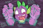 aged_up anthro bodily_fluids fangs feet foot_fetish foot_focus green_eyes laugh male offscreen_character open_mouth purple_body saliva solo sweat sweatdrop tears teeth tentacles text tickle_fetish tickle_torture tickling tickling_feet tongue tongue_out caroo friendship_is_magic hasbro my_little_pony mythology spike_(mlp) dragon mythological_creature mythological_scalie scalie english_text hi_res