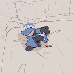 3_fingers 3_toes ambiguous_gender anthro bed bed_covers bedding biped black_eyes blue_body blue_fur blue_tail dot_eyes feet fingers fur furniture inside lying lying_on_bed nude nude_ambiguous nude_anthro on_bed on_side pillow simple_eyes solo tail tail_motion tailwag text toes whining advos nintendo pokemon generation_4_pokemon pokemon_(species) riolu 1:1 2025 artist_name detailed digital_drawing_(artwork) digital_media_(artwork) signature