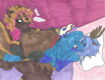 5_fingers anal anal_penetration anthro anthro_on_anthro anthro_penetrated anthro_penetrating anthro_penetrating_anthro antlers bed bedding belly big_breasts big_nipples black_nipples black_nose blanket blue_body blue_eyebrows blue_eyes blue_fur blue_hair bodily_fluids breasts brown_antlers brown_body brown_claws brown_eyebrows brown_fur brown_hair brown_hooves brown_inner_ear_fluff claws cum cum_while_penetrated duo eyebrows fingers fondling_internal_bulge fur furniture genital_fluids gynomorph gynomorph/male gynomorph_penetrating gynomorph_penetrating_male hair hooves horn huge_breasts inner_ear_fluff inside intersex intersex/male intersex_penetrating intersex_penetrating_male looking_pleasured male male_penetrated multicolored_body multicolored_fur navel nipples open_mouth overweight overweight_anthro overweight_gynomorph overweight_intersex penetration penis_shaped_bulge pillow pink_nipples pink_tongue sex tail tongue tuft vein_bulge yellow_eyes mikefox2400 sylvia_(mikefox2400) deer mammal mephitid skunk