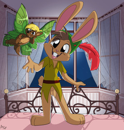 anthro back_wings bed biped black_eyes black_nose blonde_hair bottomless bottomless_male brown_body brown_fur brown_hair buckteeth clothed clothing cosplay countershade_torso countershading cute_fangs duo extreme_size_difference fangs flaccid flying foreskin fur furgonomic_hat furgonomic_headwear furgonomics furniture genitals green_clothing green_hat green_headwear green_shirt green_topwear green_tunic hair hat headgear headwear humanoid_genitalia humanoid_penis insect_wings larger_male looking_at_viewer male micro navel night nude on_bed open_mouth open_smile open_window penis pink_nose reaching_towards_viewer scut_tail shirt short_hair short_tail size_difference smaller_male smile standing standing_on_bed tail tan_body tan_countershading tan_fur teeth topwear tunic wings young young_anthro young_male fuf peter_pan_(character) canid canine canis coyote fairy lagomorph leporid mammal rabbit 2025 hi_res