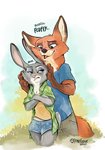 2020 anthro black_nose bottomwear brown_body brown_fur buckteeth canid canine clothed clothing crossed_arms dialogue disney duo english_text fox fully_clothed fur grey_body grey_fur hand_on_head hi_res hotpants judy_hopps lagomorph leporid mammal nick_wilde rabbit red_fox shirt shorts sophiecabra t-shirt teeth text topwear true_fox zootopia