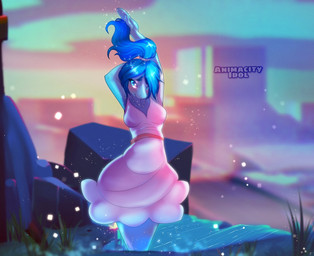 anthro blue_body blue_eyes blue_hair blush breasts clothed clothing detailed_background dress female hair looking_at_viewer solo animacityidol brand_new_animal studio_trigger nina_flip aquatic cetacean dolphin mammal oceanic_dolphin toothed_whale 2020 digital_media_(artwork) hi_res