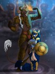 anthro blue_body blue_fur blue_hair breasts cleavage clothed clothing duo female fur gladiator hair hooves male midriff size_difference warrior weapon white_hair celestbrook european_mythology greek_mythology mythology celest slayne_(occoltist) bovid bovine felid feline mammal minotaur 3:4 absurd_res hi_res