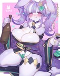 anthro big_breasts breasts cleavage clothed clothing female fur kemono licking licking_lips licking_own_lips panties purple_body purple_fur self_lick solo thick_thighs tongue tongue_out underwear wide_hips rikose lagomorph leporid mammal rabbit