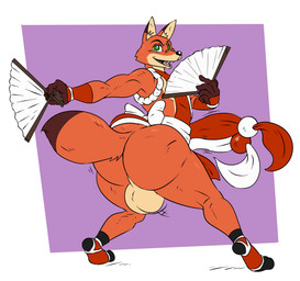 anthro backsack balls big_balls big_butt butt emanata femboy fur genitals green_eyes holding_fan looking_back male open_mouth orange_body orange_fur sharp_teeth solo standing teeth reagan700 disney zootopia nick_wilde canid canine fox mammal hi_res