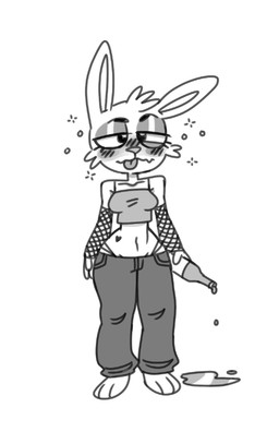 3_toes anthro barefoot blush bottle bottomwear cheek_tuft clothed clothing container crop_top facial_tuft feet female frown fully_clothed fur half-closed_eyes head_tuft liquid long_ears midriff narrowed_eyes navel plantigrade puddle shirt simple_background solo standing substance_intoxication toes tongue tongue_out topwear tuft white_background shoobular scratch21 riley_(scratch21) lagomorph leporid mammal rabbit 2021 black_and_white digital_drawing_(artwork) digital_media_(artwork) monochrome sketch