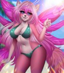 ahoge anthro biped blue_eyes breasts clothed clothing day eyelashes female fingers fur hair lingerie looking_at_viewer nails open_mouth pink_body pink_fur smile solo standing teeth topwear wings adorableinall mariah_veiethe canid canine canis mammal wolf 2020 absurd_res digital_media_(artwork) hi_res