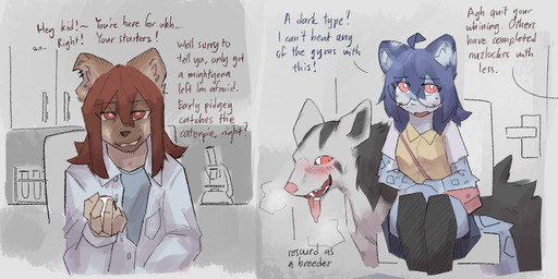 adolescent adolescent_anthro adolescent_female ahoge anthro bag blue_body blue_countershading blue_fur blush blush_lines bodily_fluids bottomwear breath chair clothing coat countershading dialogue drooling eyewear fangs female feral fur furniture glasses group hair kemono lab_coat laboratory laboratory_equipment legwear leopard_spots long_hair looking_at_another male male/female mane on_chair open_mouth panting pink_eyes pink_nose pleated_skirt pokeball pokemon_professor pupils round_glasses saliva scientific_instrument shirt sitting sitting_on_chair skirt slit_pupils smile smirk spots stockings tail teeth text thigh_highs tongue tongue_out topwear undershirt vest white_pupils young young_anthro young_female snepause nintendo pokemon kurt_(snepause) pokemon_trainer shen_(snepause) felid generation_3_pokemon mammal mightyena pantherine pokemon_(species) snow_leopard comic english_text hi_res trans_(lore) trans_woman_(lore)
