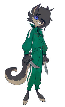 3_toes anthro barefoot blue_sclera clothing cosplay dagger dual_wielding feet female holding_object holding_weapon melee_weapon simple_background solo toes track_pants tracksuit weapon white_background lenyavok netflix squid_game oriana_thaffer canid canine canis mammal wolf 2021 absurd_res hi_res