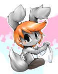 abstract_background anthro blush bottomwear clothed clothing fluffy fluffy_tail fur grey_body grey_fur hair holding_clothing holding_object looking_at_viewer looking_back male orange_hair pants sitting solo tail topless wet wet_clothing young young_anthro young_male doneru miks lagomorph mammal 2012