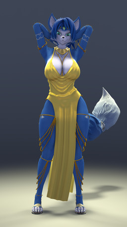 4_toes anthro big_breasts blue_body blue_fur blue_hair breasts chain_jewelry cleavage clothed clothed_anthro clothed_female clothing collar crown dress elegant_dress feet female fluffy fluffy_tail footwear fur furgonomics hair hands_behind_head headgear jewelry looking_at_viewer markings multicolored_body multicolored_fur ponytail pose sandals shoes simple_background smile smiling_at_viewer solo tail tattoo teal_eyes thick_thighs tiara toes tribal tribal_markings tribal_tattoo white_body white_fur wide_hips thevestige warfaremachine_(modeler) nintendo star_fox krystal_(star_fox) warfare_krystal canid canine fox mammal 2025 3d_(artwork) 9:16 digital_media_(artwork) hi_res pinup source_filmmaker_(artwork)