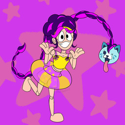 1_eye accessory blue_body blue_fur caucasian clothing crazed_look doll doll_joints duo eyelashes female feral fur hair hair_accessory hairband looking_at_viewer midriff noseless pink_hair pool_toy purple_hair raised_arm raised_leg simple_background smile smiling_at_viewer solo swimming_trunks swimwear tongue tongue_out toy white_body white_fur slightlyarousedguy mob_entertainment poppy_playtime candycat_(poppy_playtime) lily_lovebraids animate_inanimate domestic_cat felid feline felis human humanoid living_doll mammal 1:1 hi_res shaded signature