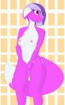 abstract_background anthro big_tail breasts fangs female hair heterochromia multicolored_hair nipples smile solo standing tail teeth booponies conditional_dnp splitsy canid canine canis domestic_dog mammal absurd_res hi_res