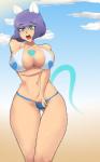 5_fingers big_breasts bikini blue_eyes blue_hair breasts clothing cloud day female fingers hair heart_symbol navel open_mouth outside sky solo swimwear thigh_gap two-piece_swimsuit redx331 animal_humanoid cat_humanoid felid felid_humanoid feline feline_humanoid humanoid mammal mammal_humanoid 2015 hi_res