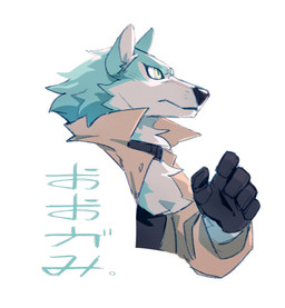 anthro black_clothing black_collar black_gloves black_handwear black_topwear blue_body blue_ears blue_fur chest_tuft clothed clothing collar fur gloves green_eyes handwear male mouth_closed neck_tuft simple_background solo tan_clothing tan_topwear text three-quarter_view topwear tuft white_background white_body white_fur white_inner_ear asnnonaka brand_new_animal studio_trigger shirou_ogami canid canine canis mammal wolf half-length_portrait hi_res japanese_text portrait translated