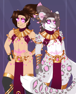 accessory anthro arm_markings arm_tuft armband bottomwear bracelet brown_hair cheek_tuft clothing duo ear_piercing egyptian egyptian_clothing eyelashes eyeliner eyeshadow facial_markings facial_tuft feline_ears femboy fluffy fluffy_tail fur gem gloves glowing glowing_eyes gold_(metal) gold_jewelry hair hair_accessory hairpin hand_markings handwear head_markings highlights_(coloring) jewelry leg_tuft legwear loincloth long_eyelashes long_hair looking_at_viewer makeup male male/male markings midriff multicolored_body multicolored_fur multicolored_hair navel piercing pink_eyes pink_highlights pink_nose pink_tongue pupils red_clothing red_eyeliner red_eyeshadow shoulder_tuft smile smiling_at_viewer spots spotted_body spotted_markings standing tail tail_tuft thigh_highs tongue tongue_out topwear tuft two_tone_body two_tone_fur two_tone_hair usekh white_pupils womb_tattoo cereshinu shinu_(cereshinu) celestial_being deity felid human humanoid mammal pantherine snow_leopard hi_res shaded