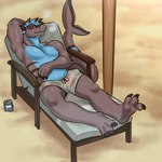 anthro beach beverage_can bulge chair claws eyes_closed furniture lounge_chair lying male on_back reclining sand solo tail fallflys fish marine shark 1:1 hi_res