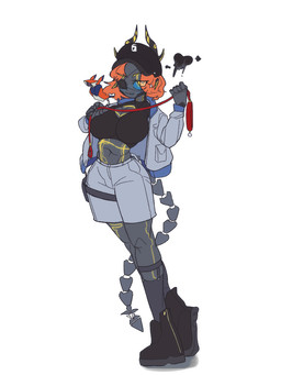 belly big_breasts big_butt breasts butt canola_yu collar female garter_straps hair machine officer orange_hair overweight prison_guard solo thick_thighs y0ungfur demon humanoid 3:4 hi_res