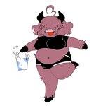 animal_humanoid anthro bangs belly big_belly big_breasts blinding_bangs bodily_fluids bottomwear bovid bovid_humanoid bovine bovine_humanoid breasts brown_body bulge cattle clothing curled_hair fluffy gynomorph hair hair_over_eyes highland_cattle hooves horn humanoid intersex mammal mammal_humanoid milk navel overweight short_stack shorts sleepygirlthing solo thick_thighs trans_(lore) trans_woman_(lore)
