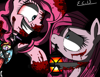blood blue_eyes bodily_fluids clothing creepy cutie_mark duo eye_contact female feral fur hair horn knife lamp lantern long_hair looking_at_another pink_body pink_fur pink_hair smile square_crossover teeth weapon rigiroony cupcakes_(mlp_fanfic) friendship_is_magic hasbro my_little_pony pinkamena_(mlp) pinkie_pie_(mlp) earth_pony equid equine horse mammal pony absurd_res digital_media_(artwork) hi_res