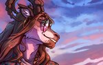 anthro bovid brown_hair caprine clothed clothing digital_media_(artwork) ear_piercing ear_ring ear_stud eyewear fur goat hair hi_res horn kombat300 long_hair male mammal piercing portrait ring_piercing sky smile solo spots sunglasses teeth topwear white_body white_fur