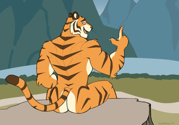 anthro brown_stripes butt cliff countershade_face countershade_torso countershading gesture hand_gesture landscape ledge looking_at_viewer looking_back looking_back_at_viewer male mountain muscular muscular_anthro muscular_male nude nude_anthro nude_male orange_body outdoor_nudity pointing pointing_up river road sharp_teeth sitting smile solo stripes teeth scribefang shanji_(scribefang) felid mammal pantherine tiger hi_res signature