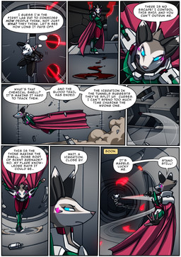 anthro armor blood blue_eyes bodily_fluids cape clothing dialogue duo female glowing glowing_eyes gun handgun inside laser_pistol male pistol ranged_weapon red_eyes smoke text weapon kitfox-crimson in_our_shadow sage_(kitfox-crimson) tourmaline_(kitfox-crimson) american_opossum mammal marsupial murid murine rat rodent absurd_res comic english_text hi_res