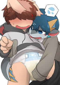 ambiguous_gender anthro blue_eyes blue_hair blush blush_lines bodily_fluids bottomwear bottomwear_down brown_clothing brown_hair brown_shirt brown_topwear clothed clothing diaper duo genital_fluids grey_clothing grey_hoodie grey_topwear grope hair holding_person hoodie open_mouth pants pants_down partially_clothed shirt simple_background speech_bubble tail topwear urine wetness_indicator white_background young tono_yota aquatic fish lagomorph leporid mammal rabbit shark 2025 hi_res pictographics