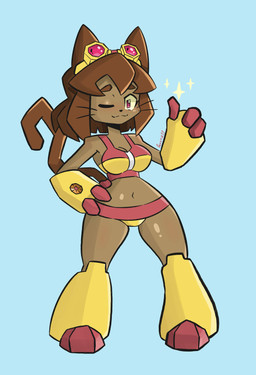 anthro armor bikini bikini_bottom bikini_top blue_background breasts brown_body brown_ears brown_fur brown_hair brown_tail cat_tail clothed clothing eyewear eyewear_on_head female fingers footwear fur gauntlets gesture gloves goggles goggles_on_head hair hand_gesture handwear looking_at_viewer navel one_eye_closed pink_clothing pink_eyes short_hair simple_background solo sparkles standing swimwear tail text thumbs_up two-piece_swimsuit wink winking_at_viewer yellow_clothing snoutless gameoverse glitch_productions kit_bodega domestic_cat felid feline felis mammal 2026 absurd_res artist_name digital_drawing_(artwork) digital_media_(artwork) hi_res