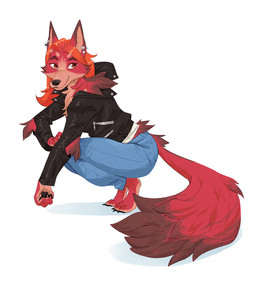 3_toes anthro arm_tuft barefoot biped bottomwear cheek_tuft clothing crouching denim denim_bottomwear denim_clothing digitigrade ear_piercing elbow_tuft eyebrows_(marking) facial_tuft feet female fluffy fluffy_tail fur hair hand_on_knee hand_on_leg jacket jeans long_hair long_tail looking_aside looking_at_viewer neck_tuft orange_eyes orange_hair pants pawpads piercing pointy_ears red_body red_fur side_view simple_background snout solo tail tiptoes toes topwear tuft ruffu unnamed_character canid canine fox mammal digital_drawing_(artwork) digital_media_(artwork)
