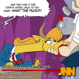anthro blonde_hair blue_eyes camera camera_view clothed clothing desk dialogue duo ear_piercing erection fellatio female female_penetrated forced forced_oral furniture genitals hair hand_on_head head_grab horn human_on_anthro interspecies lipstick long_neck long_snout makeup male male/female male_penetrating male_penetrating_female necktie news oral oral_penetration penetration penile penis piercing profanity rape recording red_lipstick reporter sex snout suit table text r!p cartoon_network johnny_bravo_(series) jungle_boy_(subseries) mary_antelope antelope bovid human mammal 1:1 2011 digital_media_(artwork) english_text