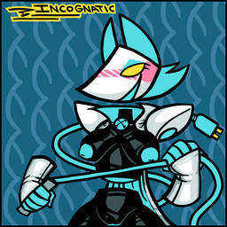anthro bedroom black_body black_skin blue_hair blue_nipples blush breasts cable_tail cape clothing electrical_cord electrical_plug electrical_plug_tail female genitals gloves hair handwear machine nipples nude shoulder_pads solo tail vulva yellow_eyes incognatic deltarune undertale_(series) tasque_manager darkner felid mammal robot 1:1