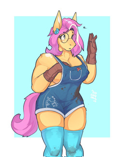 anthro bashful breasts clothing dialogue eyebrows eyewear female glasses gloves handwear legwear overalls round_glasses simple_background solo thigh_highs bigcozyorca friendship_is_magic hasbro my_little_pony fluttershy_(mlp) equid equine horse mammal pony 2023 hi_res