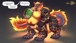 digitigrade drinking female fire flaming_hair glowing glowing_eyes lava muscular overweight pseudo_hair text agonwolfe elemental_creature lava_creature mineral_fauna taur 16:9 english_text hi_res widescreen