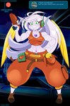2022 artist_name ask_blog bottomwear breasts cave_story chalo clothed clothing cosplay curly_brace digit_(chalo) english_text female footwear full-length_portrait green_eyes gun hair hand_on_hip hi_res humanoid las_lindas long_hair looking_at_viewer midriff nanozell_spirit pants patreon portrait ranged_weapon shoes solo standing text topwear url weapon white_body white_hair