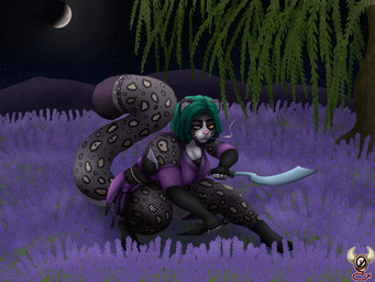 anthro big_breasts breasts cleavage clothed clothing cosplay dreadlocks female fishnet_clothing flower fur green_hair grey_body grey_fur hair kunai lavender_(flower) melee_weapon moon night ninja plant scimitar smoking solo sword text thick_thighs tree warrior weapon willow_tree only0neman mochi_(mochiizmoo) felid leopard mammal pantherine 4:3 absurd_res english_text hi_res