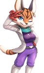 anthro clothing ear_piercing ear_ring female hand_on_hip looking_at_viewer one_eye_closed piercing ring_piercing smile solo tight_clothing wink gonzarez1938 nintendo star_fox miyu_(star_fox) felid feline lynx mammal hi_res