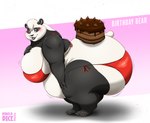 anthro belly bent_over big_belly big_breasts big_butt birthday birthday_cake blush bottomwear bra breasts butt cake claws clothed clothing dessert fangs female food fur half-closed_eyes multicolored_body multicolored_fur narrowed_eyes obese obese_anthro obese_female open_mouth overweight overweight_anthro overweight_female panties red_clothing side_view solo teeth text thick_thighs tongue topwear underwear wide_hips dino.d.dice gillpanda_(character) bear giant_panda mammal 2025 hi_res signature