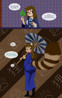 asian_clothing big_butt blue_clothing blue_kimono blue_necktie blue_yukata brown_body brown_fur brown_hair butt clothing east_asian_clothing eyewear femboy fingerless_gloves fur glasses gloves grin hair handwear holding_object holding_umbrella japanese_clothing kimono long_hair male necktie profanity rectangular_glasses smile solo species_transformation tanuki_leaf tanuki_tail text thick_thighs transformation umbrella yukata mentalcrash animal_humanoid canid canid_humanoid canine canine_humanoid human humanoid mammal mammal_humanoid raccoon_dog tanuki tanuki_humanoid absurd_res english_text hi_res