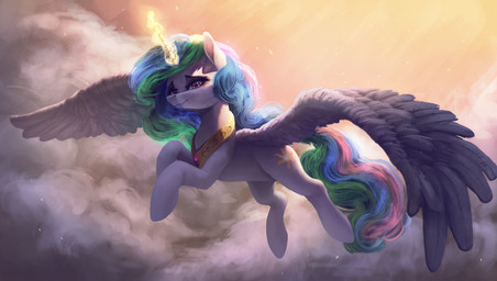 blue_hair blue_tail cloud cutie_mark feathered_wings feathers female feral glowing glowing_horn gold_(metal) gold_jewelry gold_necklace green_tail hair horn jewelry long_hair looking_at_viewer necklace outside pink_hair pink_tail purple_eyes quadruped sky skyscape solo sun tail white_body white_ears white_skin white_wings wings vanillaghosties friendship_is_magic hasbro my_little_pony mythology princess_celestia_(mlp) equid equine horse mammal mythological_creature mythological_equine pony winged_unicorn 2019 digital_media_(artwork) hi_res