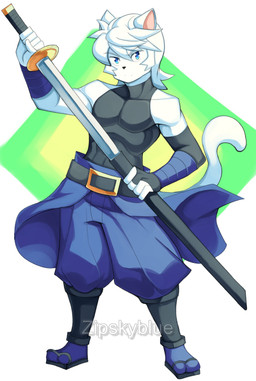 anthro belt fur holding_object holding_weapon male melee_weapon solo sword tail weapon white_body white_fur zipskyblue akira_(zipskyblue) felid feline mammal absurd_res hi_res