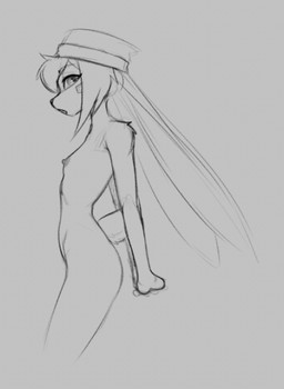 anthro breasts clothing female hat headgear headwear markings solo standing hush_button derby_(mrbuttonboi) lagomorph leporid mammal rabbit monochrome sketch