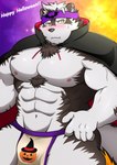 5_fingers abs accessory anthro areola blush bodily_fluids bottomwear clothing fangs fingers fur grey_body grey_fur happy_halloween headband holidays loincloth male muscular muscular_anthro muscular_male nipples pecs solo sweat sweatdrop teeth vampire_costume yellow_eyes toranoyouhei halloween lifewonders tokyo_afterschool_summoners horkeu_kamui_(tas) canid canine canis mammal wolf absurd_res hi_res