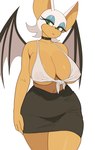 anthro bat_wings big_breasts bottomwear breasts choker cleavage clothed clothing curvy_figure eyeshadow female fur green_eyes hair half-closed_eyes huge_breasts jewelry lipstick makeup membrane_(anatomy) membranous_wings narrowed_eyes navel necklace nipple_outline short_hair simple_background skimpy skirt solo tan_body tan_skin thick_thighs topwear translucent translucent_clothing under_boob white_background white_body white_fur white_hair wings yuta_agc sega sonic_the_hedgehog_(series) rouge_the_bat bat mammal 2024 hi_res