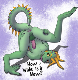 anthro anus balls butt erection gaping gaping_anus genitals green_body humanoid_genitalia humanoid_penis male markings nipples nude penetration penis scales simple_background solo tail text sallos_(artists) sallos_(character) humanoid iguana iguanid lizard reptile scalie digital_media_(artwork)