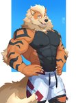 abs anthro anthrofied bottomwear clothing fur male muscular muscular_anthro muscular_male navel neck_tuft nipples pecs pokemorph simple_background smile solo tuft ixkouu nintendo pokemon arcanine canid canine generation_1_pokemon mammal pokemon_(species) 2020 digital_media_(artwork) hi_res