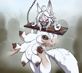 anthro big_breasts blue_eyes bodily_fluids breast_grab breasts dark_nipples disembodied_hand female fur hand_on_breast lactating multi_breast muzzle_(object) nipples nude pregnant pregnant_anthro pregnant_female projectile_lactation restraints stocks white_body white_fur j7w unicorn_overlord vanillaware dinah_(unicorn_overlord) canid canine mammal werecanid werecanine werecreature werefox hi_res