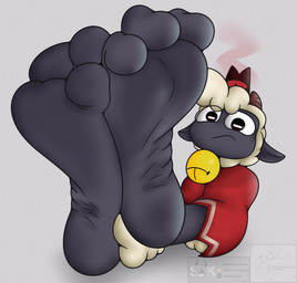 3_toes ambiguous_gender anthro barefoot bell big_feet brown_horn cape cloak clothing crossed_ankles crown feet foot_fetish foot_focus fur headgear horizontal_pupils horn looking_at_viewer mouth_closed plantigrade pupils red_cloak red_clothing sitting soles solo toes white_body white_fur white_wool wool_(fur) skonczonyidiota cult_of_the_lamb massive_monster_(studio) lamb_(cult_of_the_lamb) red_crown_(cult_of_the_lamb) bovid caprine mammal sheep artist_collaboration hi_res